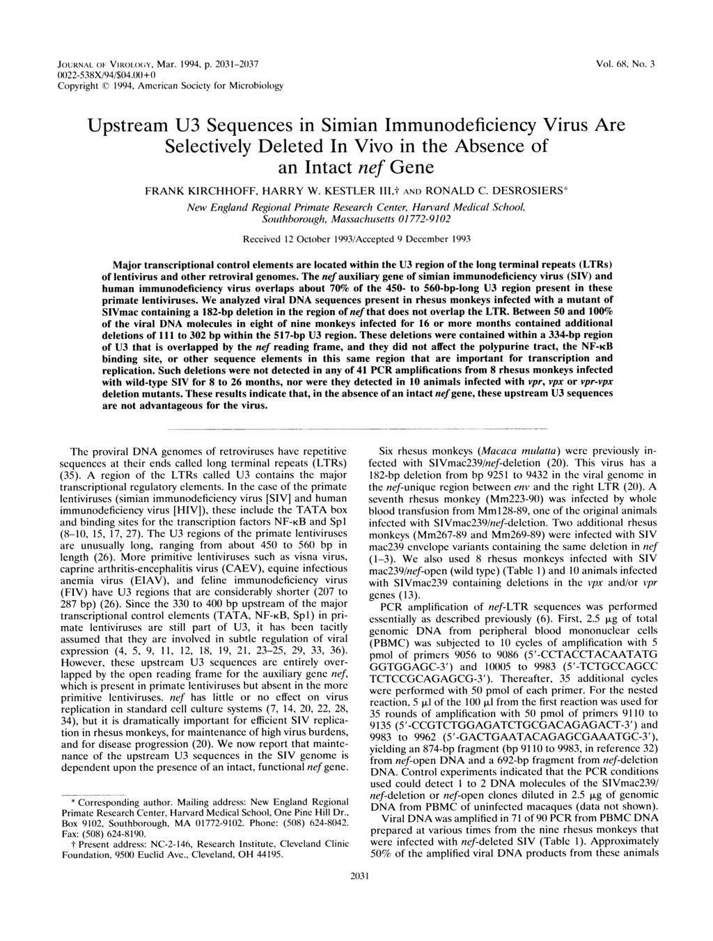 JOURNAL OF VIROLOGY, Mar. 1994, p. 2031-2037 0022-538X/94/$04.00+0 Copyright 1994, American Society for Microbiology Vol. 68, No.