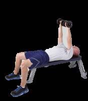 Wide Bench Press Lie down on your back on a bench and hold dumbbells in each hand at chest level, palms facing your feet.