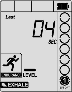 7.4 START UP/NOT FIRST USE After the first time you use your LungBoost, the last maneuver will be displayed for five seconds: After this display the device will move to the default Endurance Mode, as
