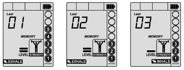 7.9 MEMORY MODE Memory Mode is used to view the results of all previous exercises. Memory Mode has three options: 1. The last 30 Exercises 2. Daily, Weekly, and Monthly Scores 3.