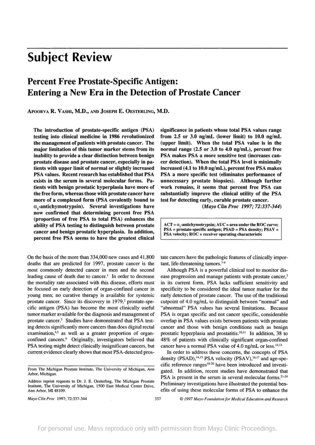 Subject Review Percent Free Prostate-Specific Antigen: Entering a New Era in the De