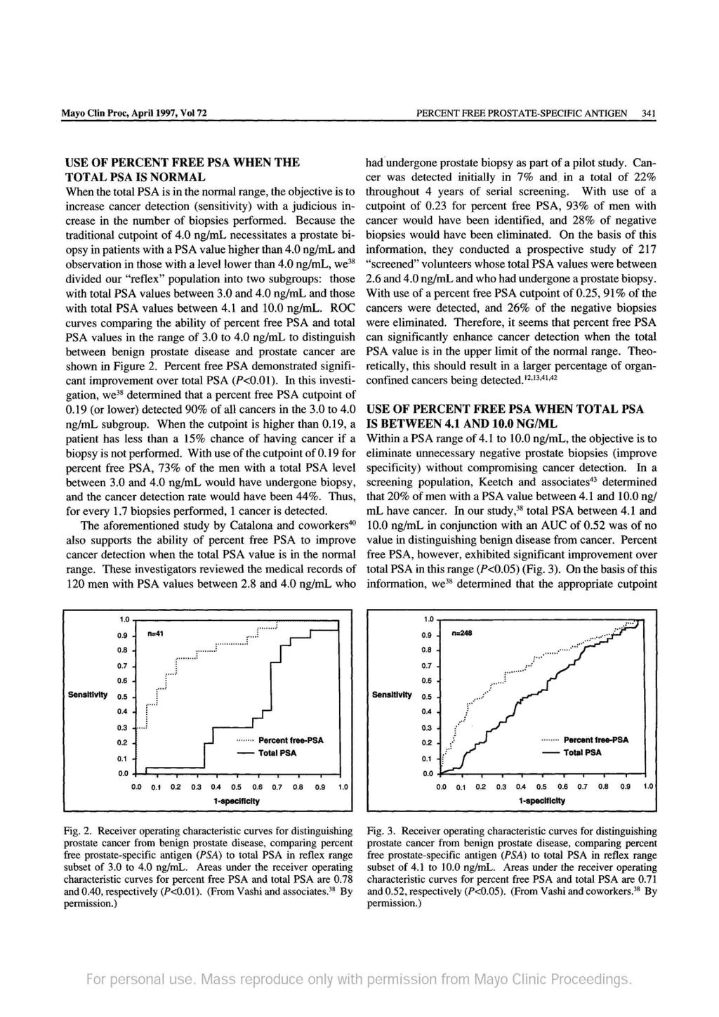 Mayo Clin Proc, April 1997, Vol 72 PERCENT FREE PROSTATE-SPECIFIC ANTIGEN 341 USE OF PERCENT FREE PSA WHEN THE TOTAL PSA IS NORMAL When the total PSA is in the normal range, the objective is to