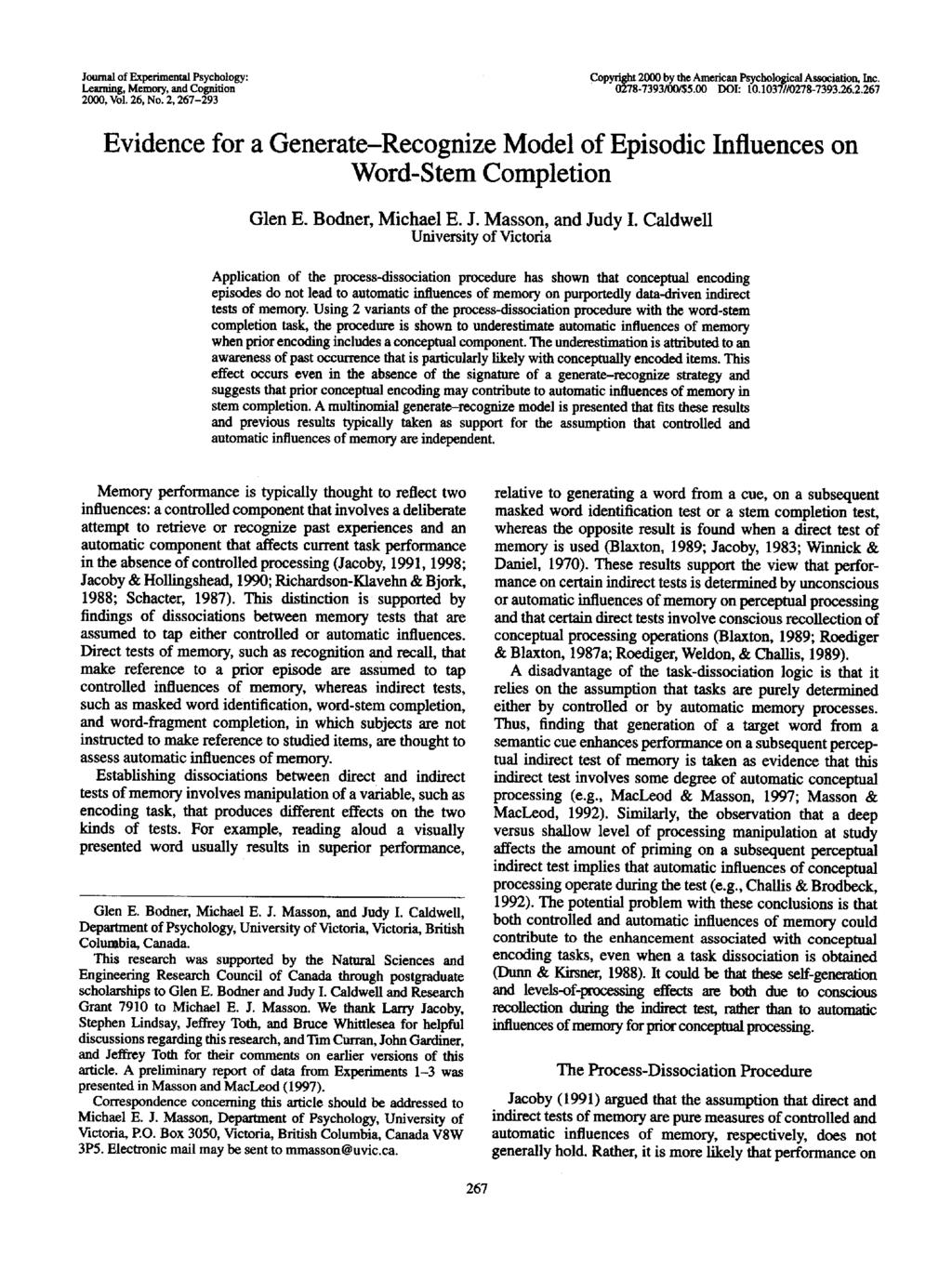 Journal of Experimental Psychology: Learning, Memory, and Cognition 2000, Vol. 26, No. 2, 267-293 Copyright 2000 by the American Psychological Association, Inc. 0278-7393/00/$5.00 DOI: 10.
