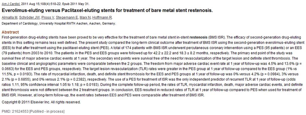 DES is the gold standard for BMS restenosis
