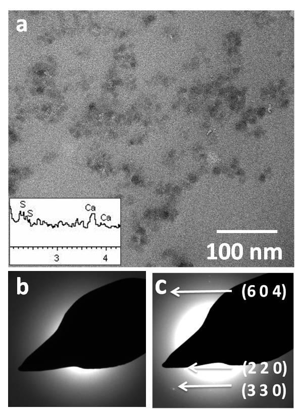 Figure S10: CaSO 4 particles precipitated in the presence of 100 µg/ml sodium triphosphonate, and isolated after 1 hour (a) TEM image of amorphous particles, where the inset shows the corresponding