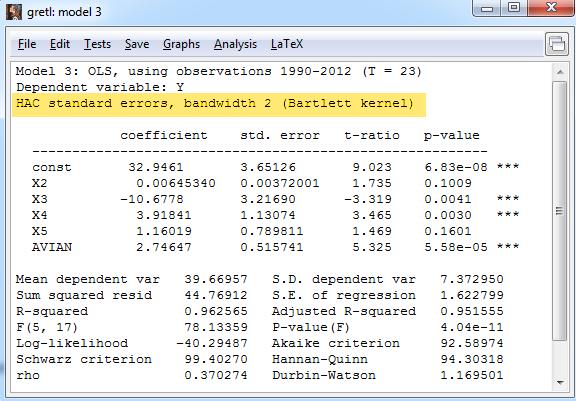 Notice that the only difference in the OLS estimation results comes from the new standard errors robust to autocorrelation.