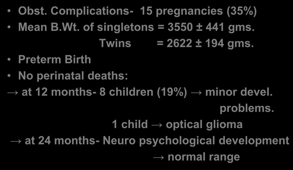 Obstetric & Perinatal Outcome after IVM Obst. Complications- 15 pregnancies (35%) Mean B.Wt. of singletons = 3550 ± 441 gms. Twins = 2622 ± 194 gms.