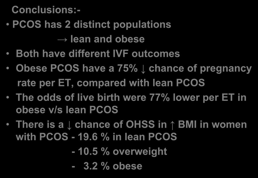 Conclusions:- PCOS has 2 distinct populations lean and obese Both have different IVF outcomes Obese PCOS have a 75% chance of pregnancy rate per ET, compared with lean PCOS The odds of live birth