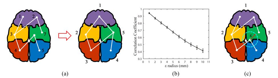 (a) Combination of the nodes located in a volume of AAL template into one node. (b) The correlation coefficient between the brain networks constructed using two methods.