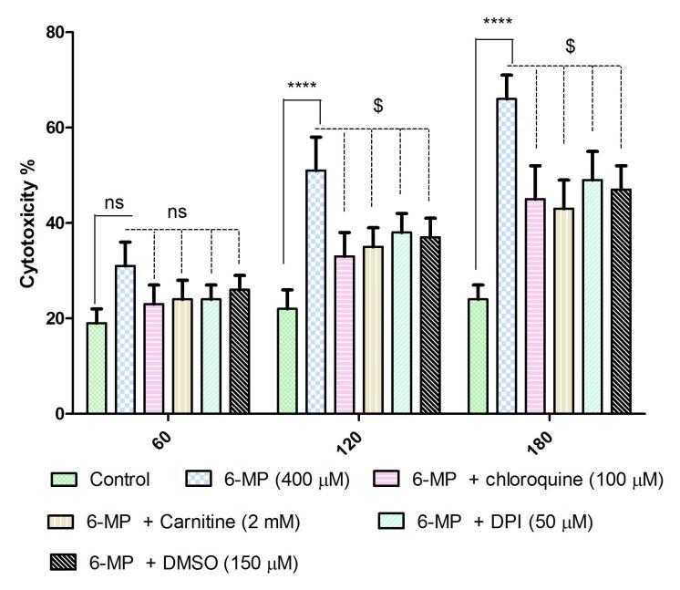 Figure 1. Effect of ROS scavengers, MPT pore sealing agents, lysosomotropic agents, and NADPH P450 reductase inhibitor on 6-MP-induced hepatocyte toxicity.