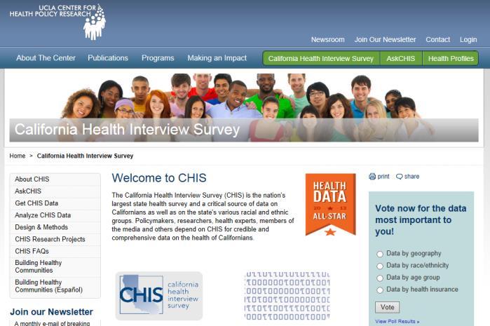 CALIFORNIA HEALTH INTERVIEW SURVEY (CHIS) The California Health Interview Survey (CHIS) is the nation's largest state health survey with robust samples of Latinos, Asians, and American