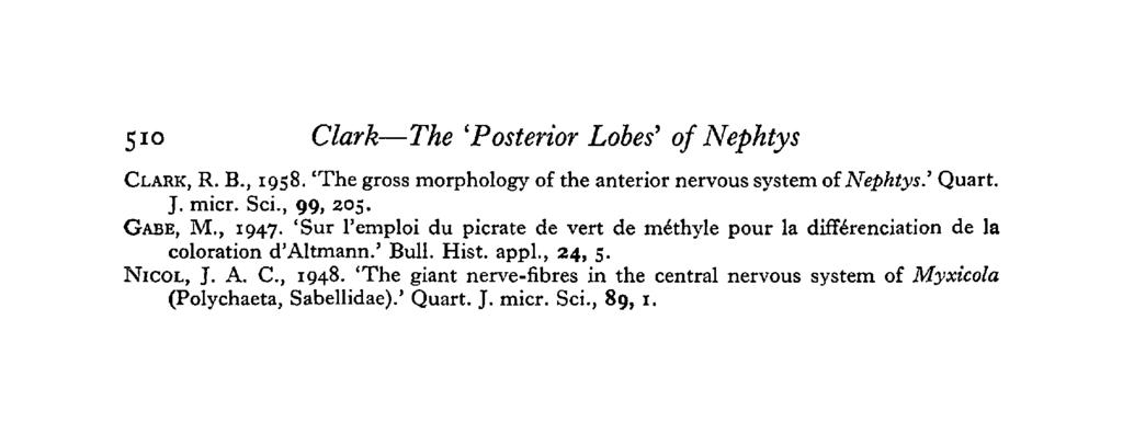 510 Clark The 'Posterior Lobes' of Nephtys CLARK, R. B., 1958. 'The gross morphology of the anterior nervous system of Nephtys.' Quart. J. micr. Sci., 99, 205. GABE, M., 1947.