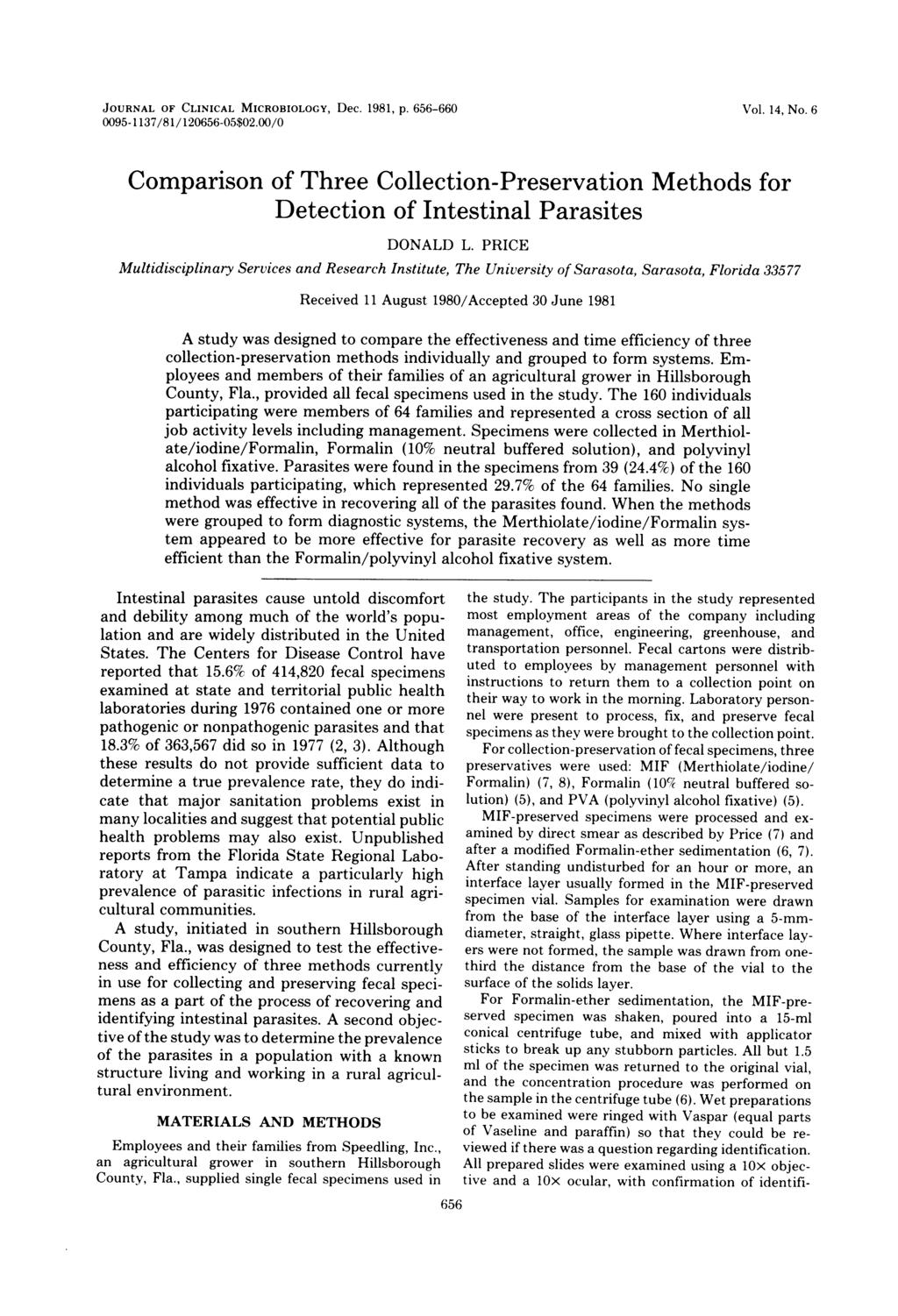 JOURNAL OF CLINICAL MICROBIOLOGY, Dec. 1981, p. 656-660 0095-1 137/81/120656-05$02.00/0 Vol. 14, No.