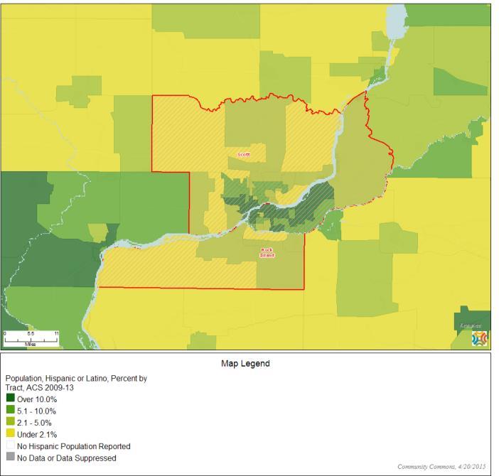 Ethnicity A total of 8.6% of Quad Cities Area residents are Hispanic or Latino. Higher than the Iowa prevalence, but lower than the Illinois prevalence. Lower than found nationally.