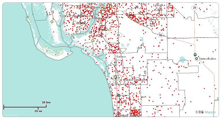 There is a number of dots in the Bonita Springs area, indicating a number of low-income residents in that area who are not receiving services from a health center, but the dots are not nearly as