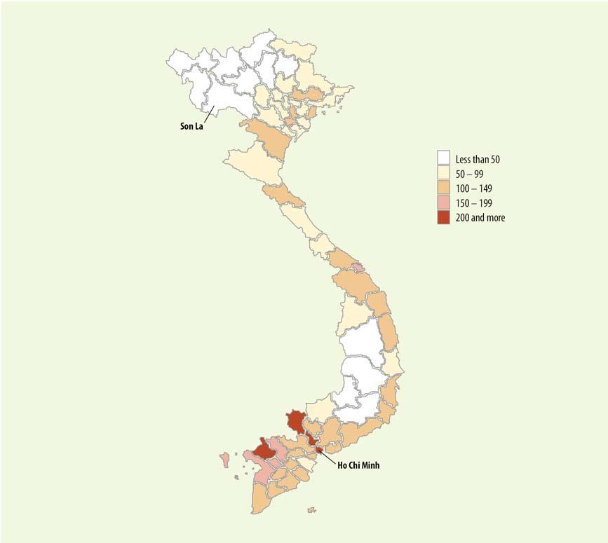THE REGION The notification rates for all forms of TB vary among provinces and is highest in Ho Chi Minh (223/100 000 population) and