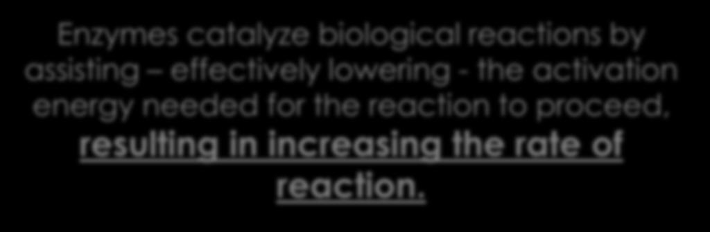 Enzymes catalyze biological reactions by