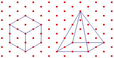 Näide 1. Tekitame isomeetrilisele geotahvlile kuubid ja püramiidi. Joonis 14. Isomeetrilisele geotahvlile tekitatud kuubid ja püramiid.