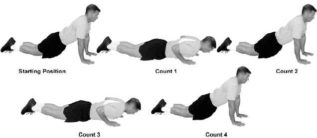 Return to the starting position. Repeat 10 times. Modified Push Up (RED-BACK only) Cadence: Moderate Start position: Front leaning rest on knees Count: 1.