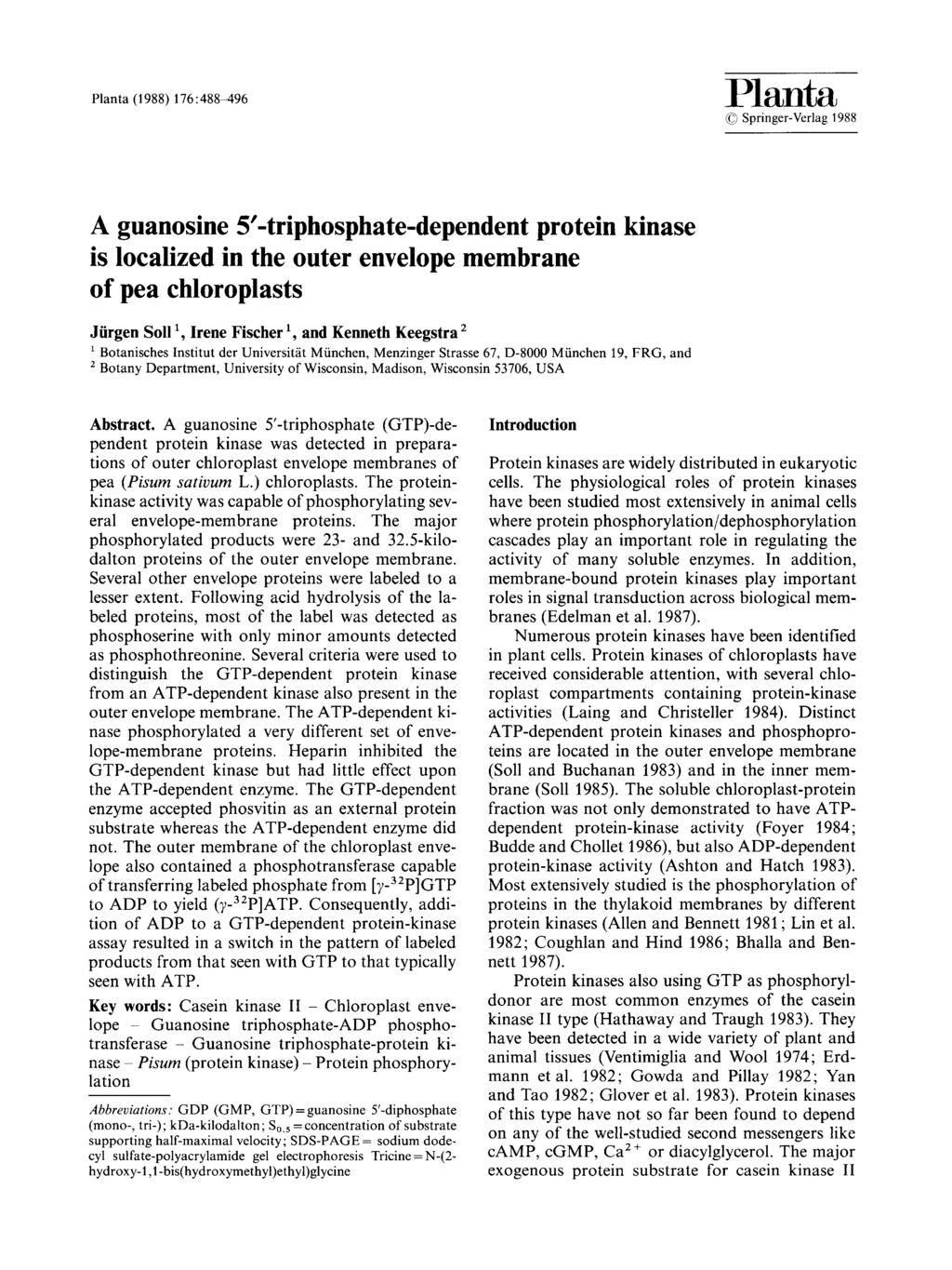 Planta (1988)176:488-496 Planta 9 Springer-Verlag 1988 A guansine 5'-triphsphate-dependent prtein kinase is lcalized in the uter envelpe membrane f pea chlrplasts Jiirgen Sil 1, Irene Fischer 1, and