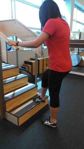 Begin with 2 inch stair and increase height gradually as strength improves.