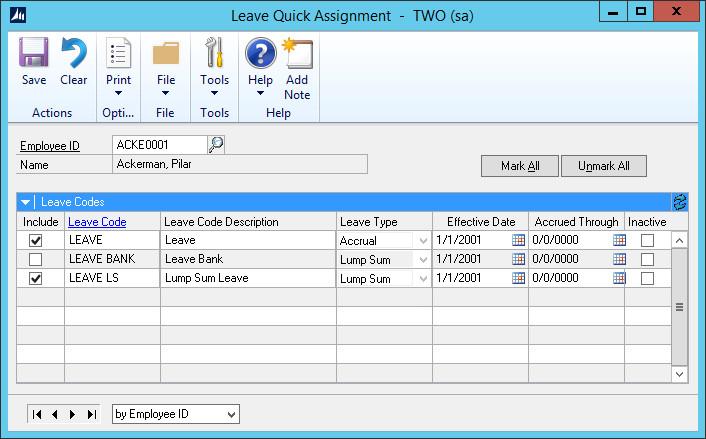 Leave Quick Assignment Windw Cards > Payrll > Leave Quick Assignment The Leave Quick Assignment windw allws the user t assign new Leave Cde Setup recrds t an Emplyee as well as either Activate r