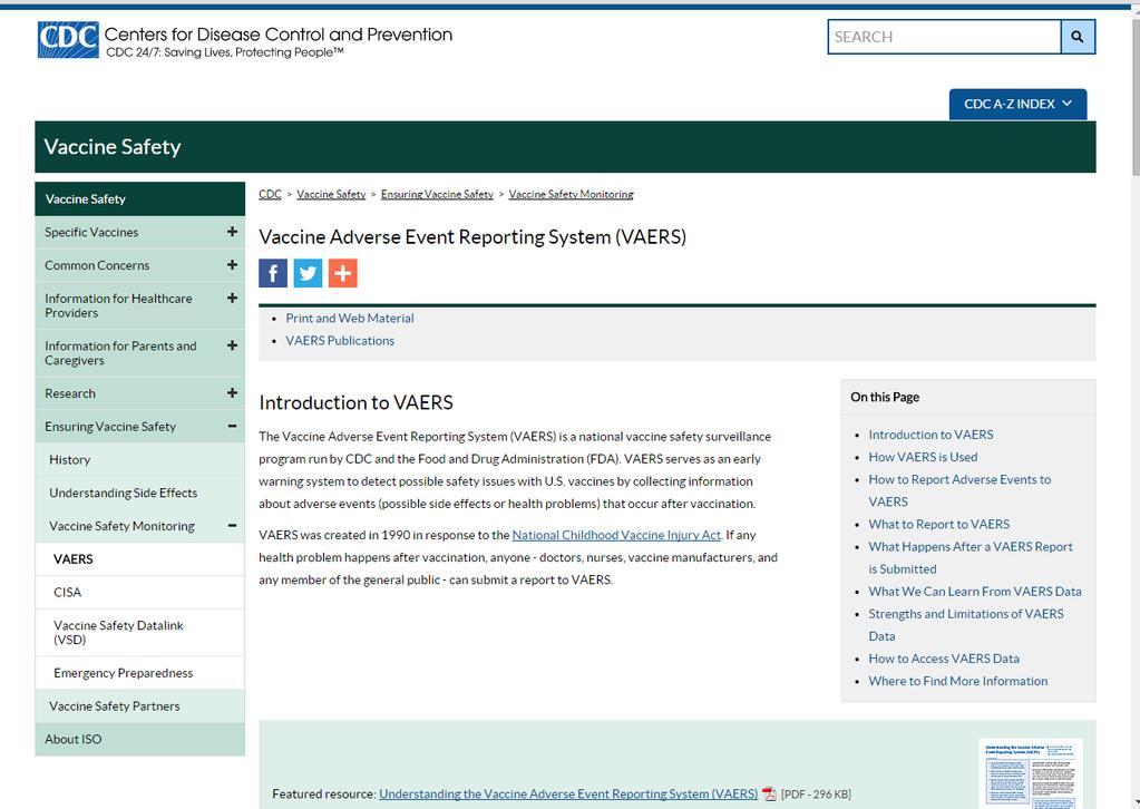 Vaccine Adverse Events Reporting System VAERS www.cdc.