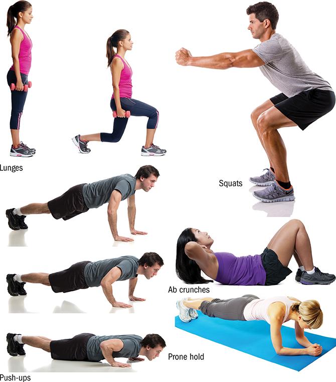 2 Training muscular strength Complete eight repetitions (excluding prone hold) of the following exercises in a slow and controlled movement: lunges ab crunch push-ups