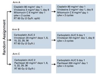 32 CONSORT trial (about carboplatin) The median survival time and 5-year survival rates were 20.5, 19.8, and 22.0 months and 17.5%, 17.8%, and 19.8% in arms A, B, and C, respectively.