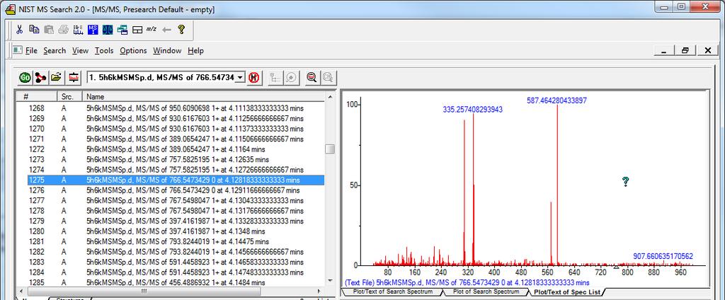 Step 4:Using NIST search for library validation 4. Scroll down in the upper-left window and find your potential lipids by its title(mainly RT, since RT is the increasing order).