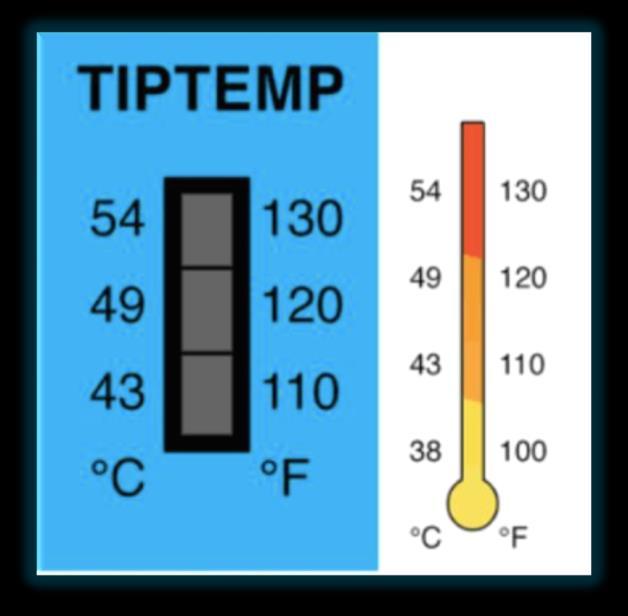 TIP TEMP Non-reversible temperature labels that indicate thermal reports (0, 110, 120, 130 degrees) Temperature stamps from the cards