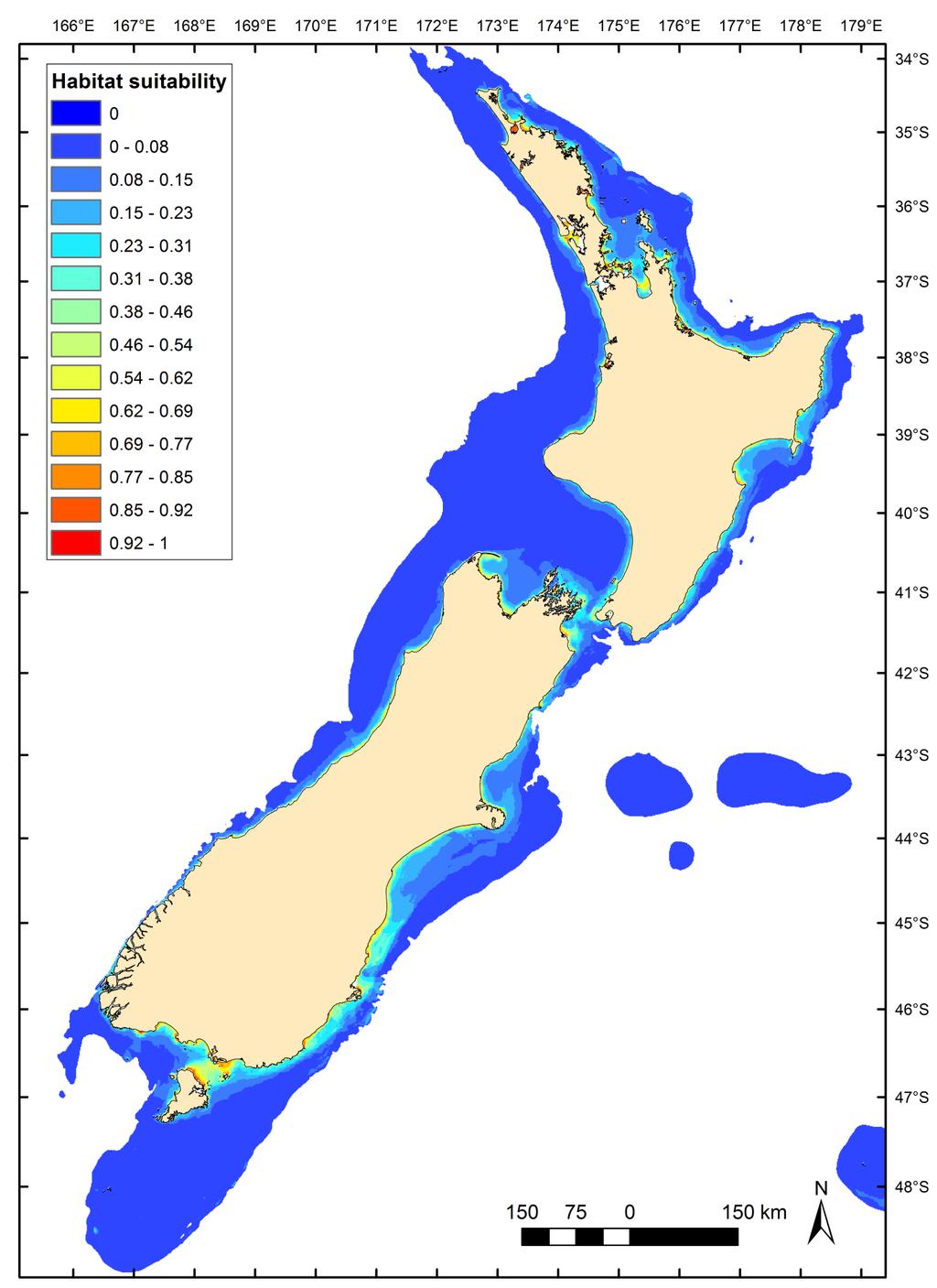 Figure 3-3: Winter habitat suitability predictions for southern right whales derived from the habitat use model. Full extent of model within the 350 m isobaths of mainland New Zealand.
