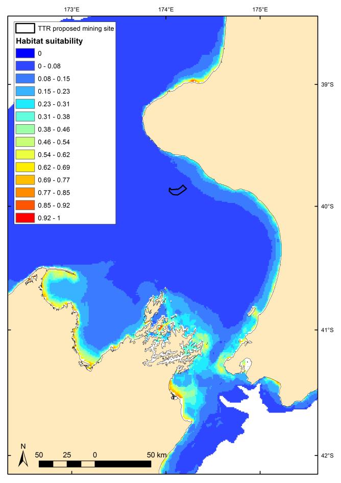 Figure 3-5: Winter habitat suitability predictions for southern right whales in the South Taranaki Bight, Marlborough sounds, and Cook Strait region.