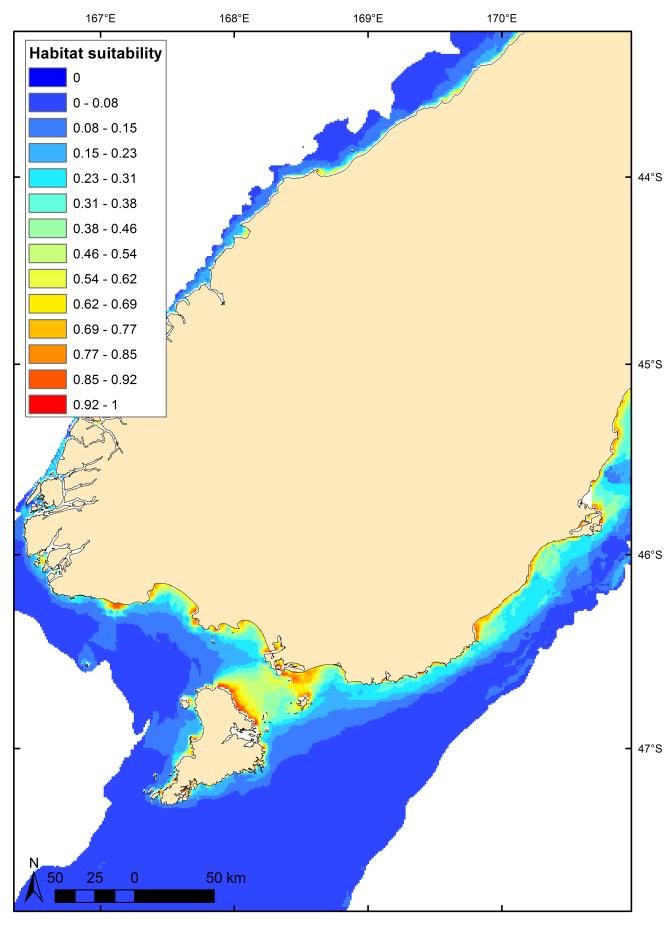Figure 3-6: Winter habitat suitability predictions for southern right whales along the south and southeast coasts of the South Island derived from the habitat use model.