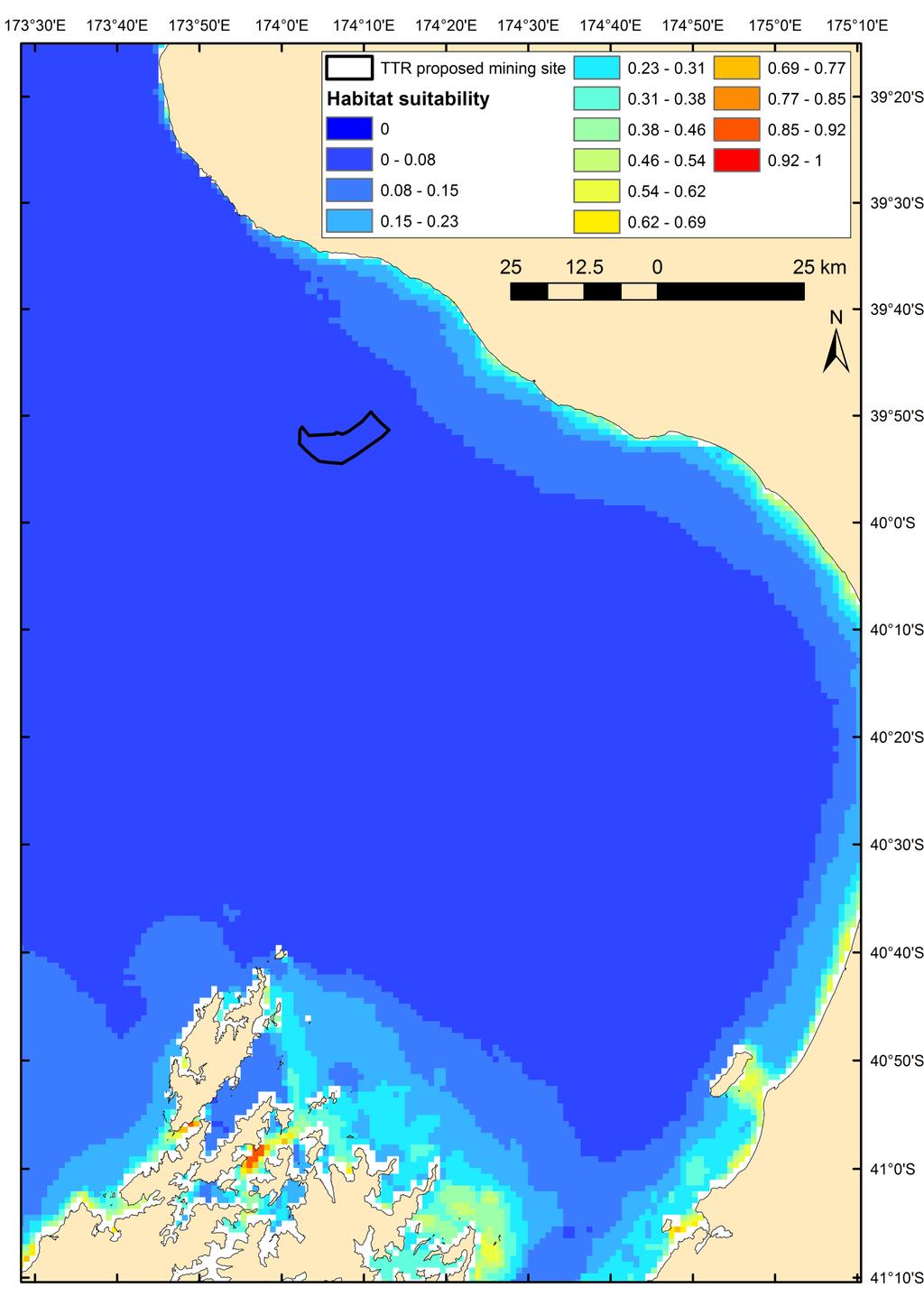 Figure 3-7: Habitat suitability predictions for southern right whales in the South Taranaki Bight derived from the habitat use model. TTR proposed project area outlined in black.