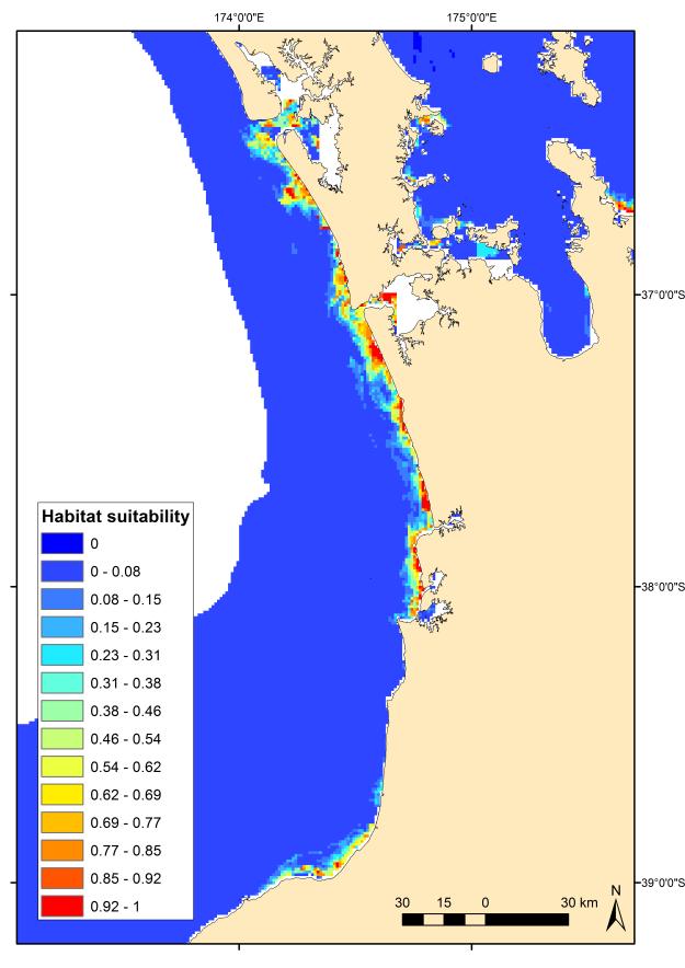 Figure 3-13:Habitat suitability prediction of Hector's dolphin for the west coast North Island area.
