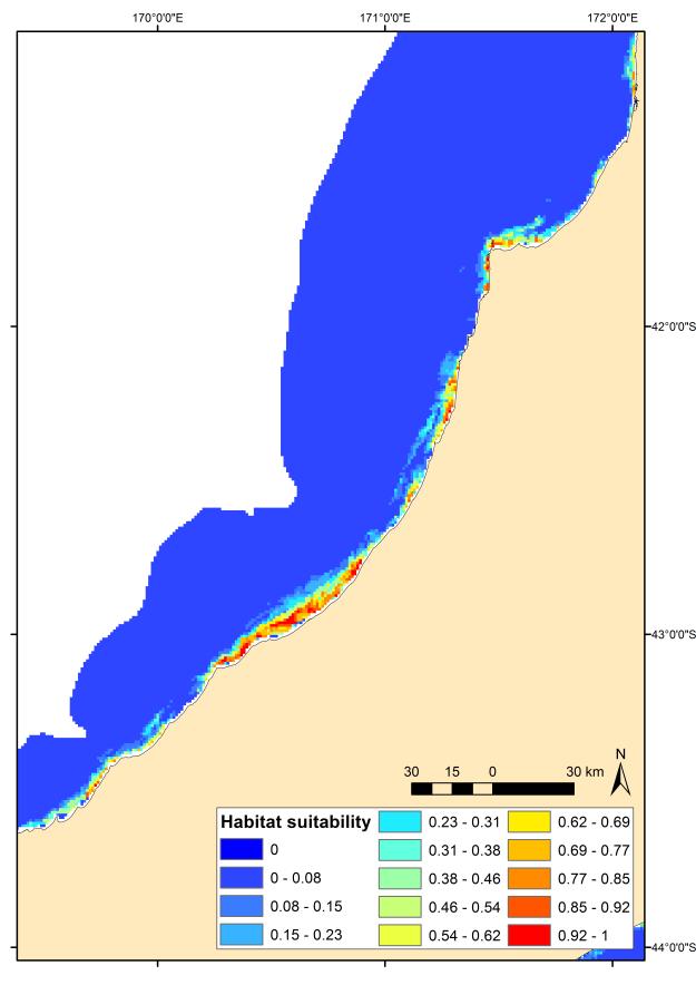 The habitat suitability index is a logistic output from the Maxent model (warm colours showing the highest habitat suitability).