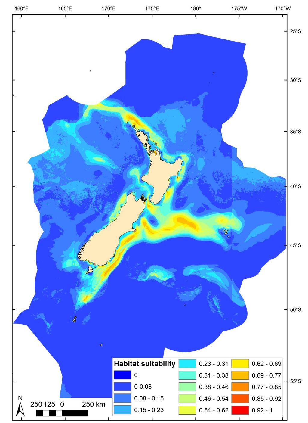Figure 3-30:Habitat suitability predictions for killer whales from the habitat use model with bias grid correction.