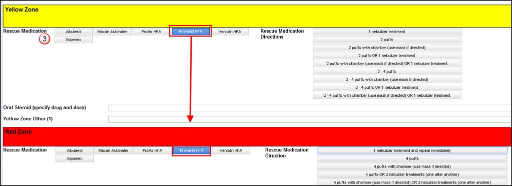 3. Note that the Rescue Medication selected in the Yellow Zone auto-populates the Red Zone.
