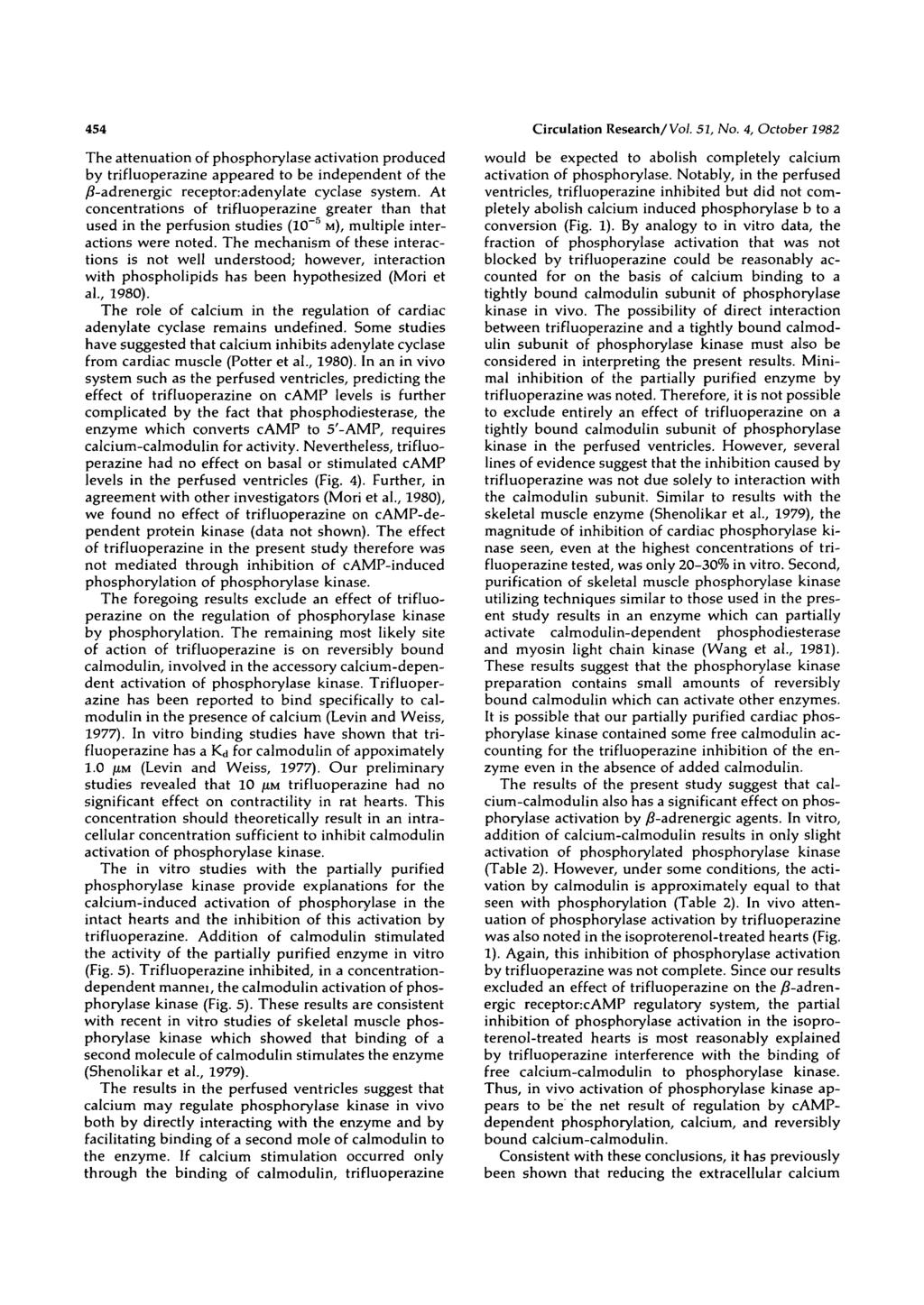 454 Circulation Research/Vol. 51, No. 4, October 1982 The attenuation of phosphorylase activation produced by trifluoperazine appeared to be independent of the /?