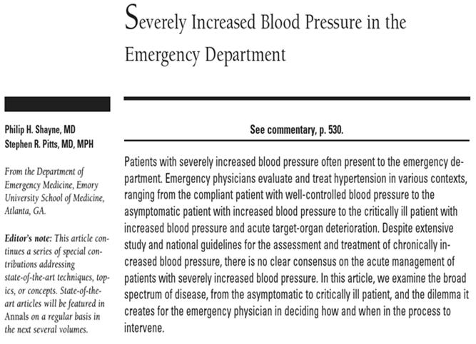 Management of Hypertensive Urgencies There is no clear consensus on the acute management Shayne and Pitts. Ann Emerg Med.