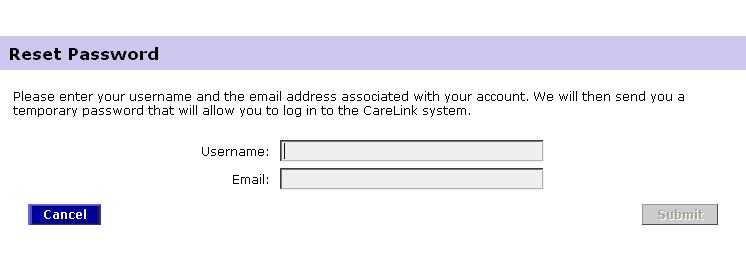2. Type in the username and email address you use for your CareLink account in the appropriate fields, and click SUBMIT.