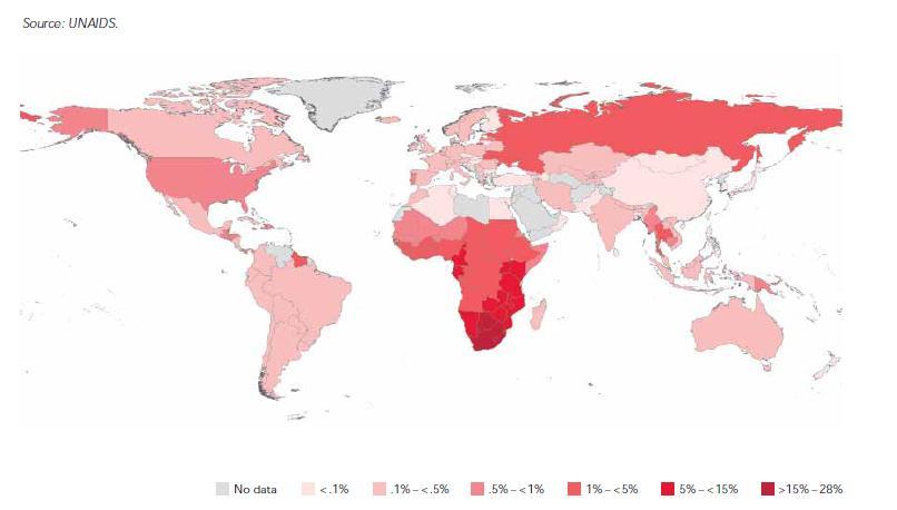 Figure 1 Global prevalence of HIV infection in 2009.