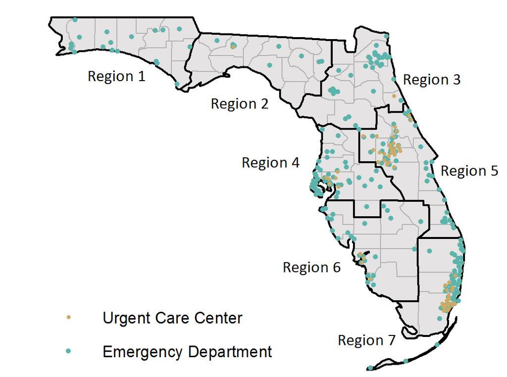 * In week, the percent of ED and UCC visits for ILI continued to increase in regions,, and and decreased in all other regions.