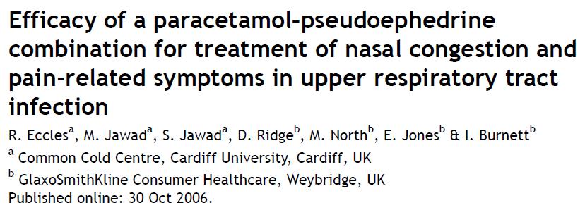 Results: A single dose of the combination was superior to paracetamol and placebo for NAR ( p = 0.0001) and was superior to pseudoephedrine and placebo for pain relief ( p 0.048).