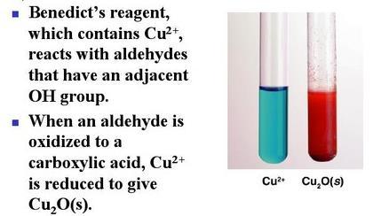 Benedict s test OH O Example: H 3 C C C H 2-Hydroxypropanal + Cu 2+ Cu 2 O(s) +