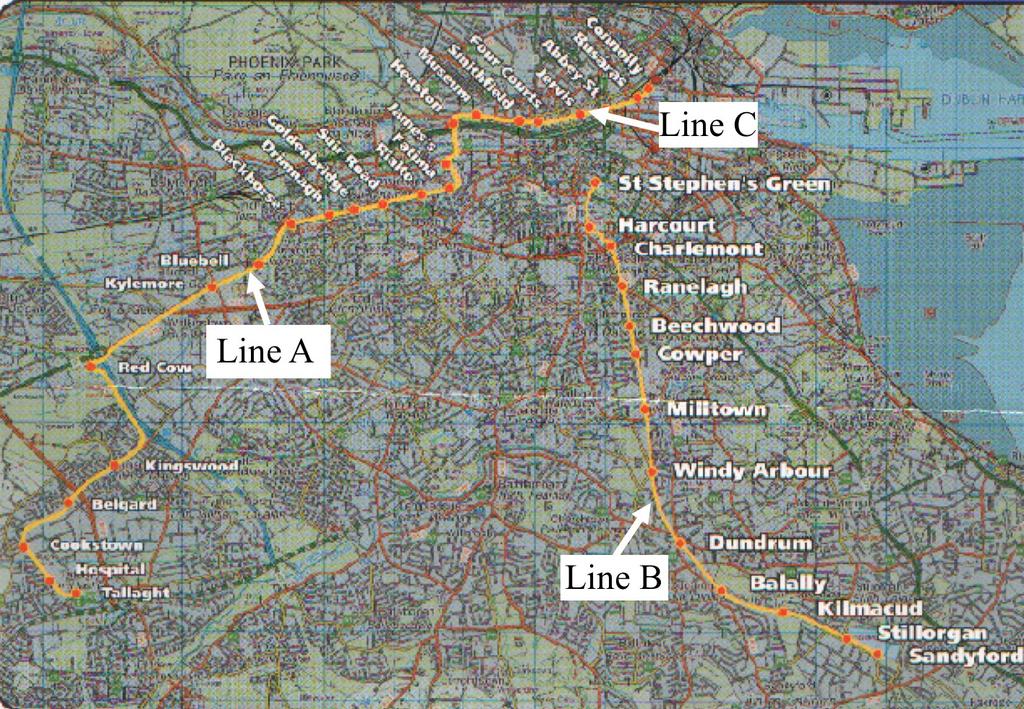 Figure 3: Map of LUAS Lines A, B and C 5.