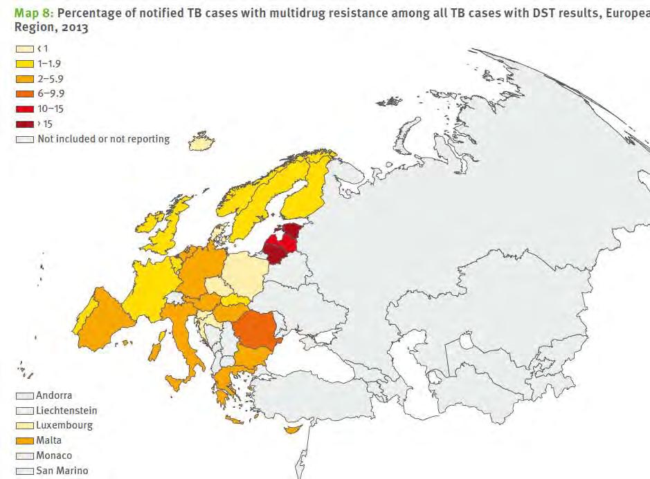 MDR rates among TB cases in EU 4.1% overall, 2.