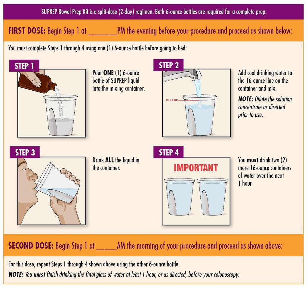 BOWEL PREP ~ OPTION 2 ~ SUPREP THE DAY BEFORE YOUR PROCEDURE First Dose: Begin Step 1 between 3-5 pm the evening prior to the procedure. Continue drinking your clear liquids.