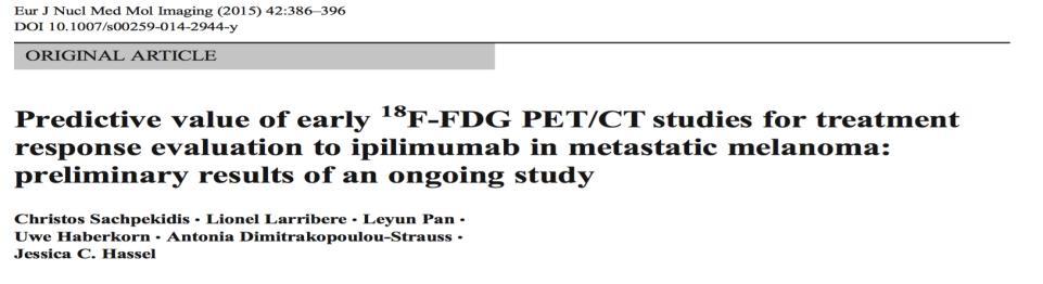 Role of 18 FDG-PET a predictive marker of response to ipilimumab C1 C2 C3 C4 Follow up -22 pts with unrespectable melanoma -3mg/kg of ipilimumab x 4 cycles -Underwent 18 FDG PET/CT: baseline, C3D1